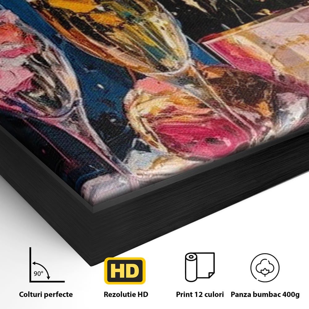 Detaliu al suprafetei: tablou canvas cu sticla de sampanie si pahare, in rama de aluminiu negru