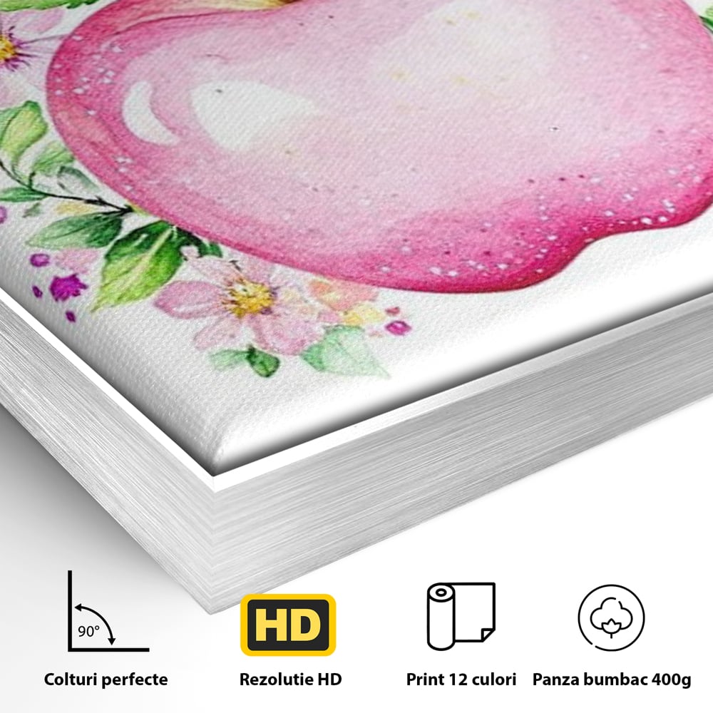Detaliu al suprafetei: tablou canvas cu mar roz si flori, in rama de aluminiu argintiu