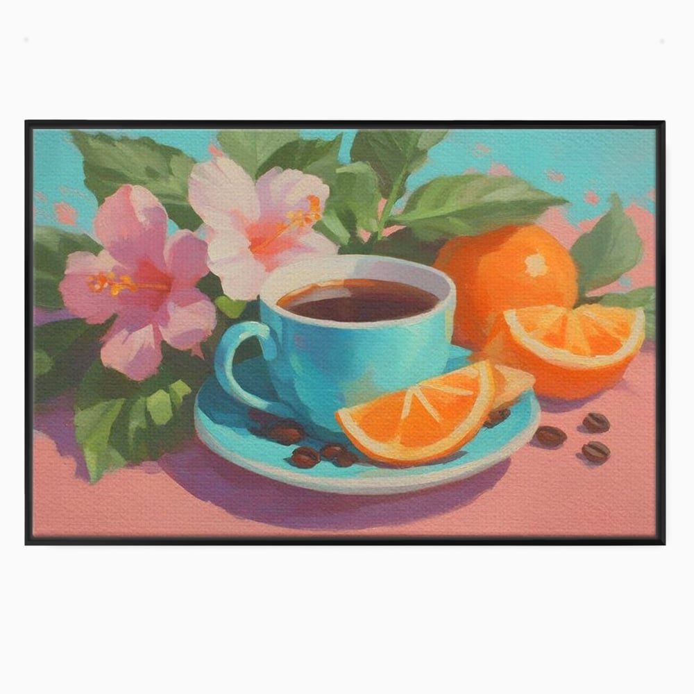 Tablou canvas cu pictura cu ceasca de cafea si portocale, in rama de aluminiu negru