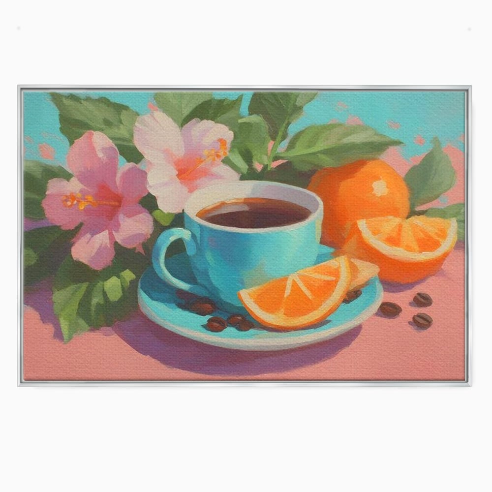Tablou canvas cu pictura cu ceasca de cafea si portocale, in rama de aluminiu argintiu