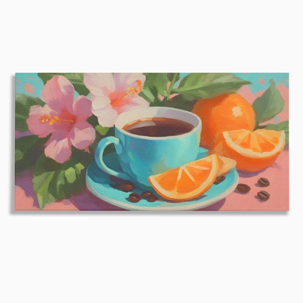 Tablou canvas cu pictura cu ceasca de cafea si portocale, fara rama, pe sasiu de lemn