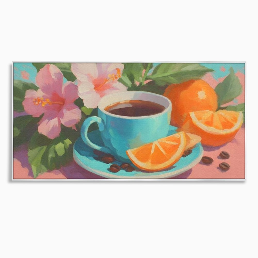Tablou canvas cu pictura cu ceasca de cafea si portocale, in rama de aluminiu argintiu