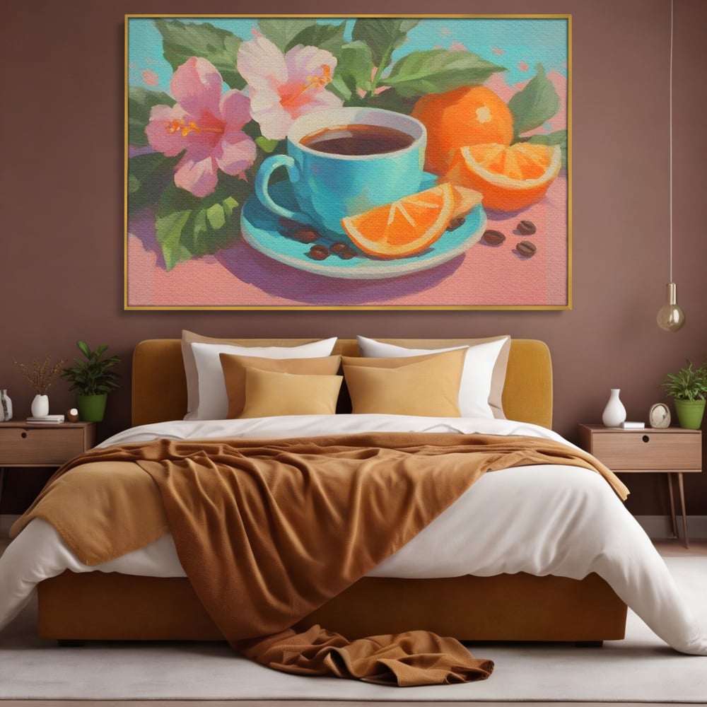 Tablou canvas cu pictura cu ceasca de cafea si portocale, in rama de aluminiu auriu, pe perete intr-un dormitor