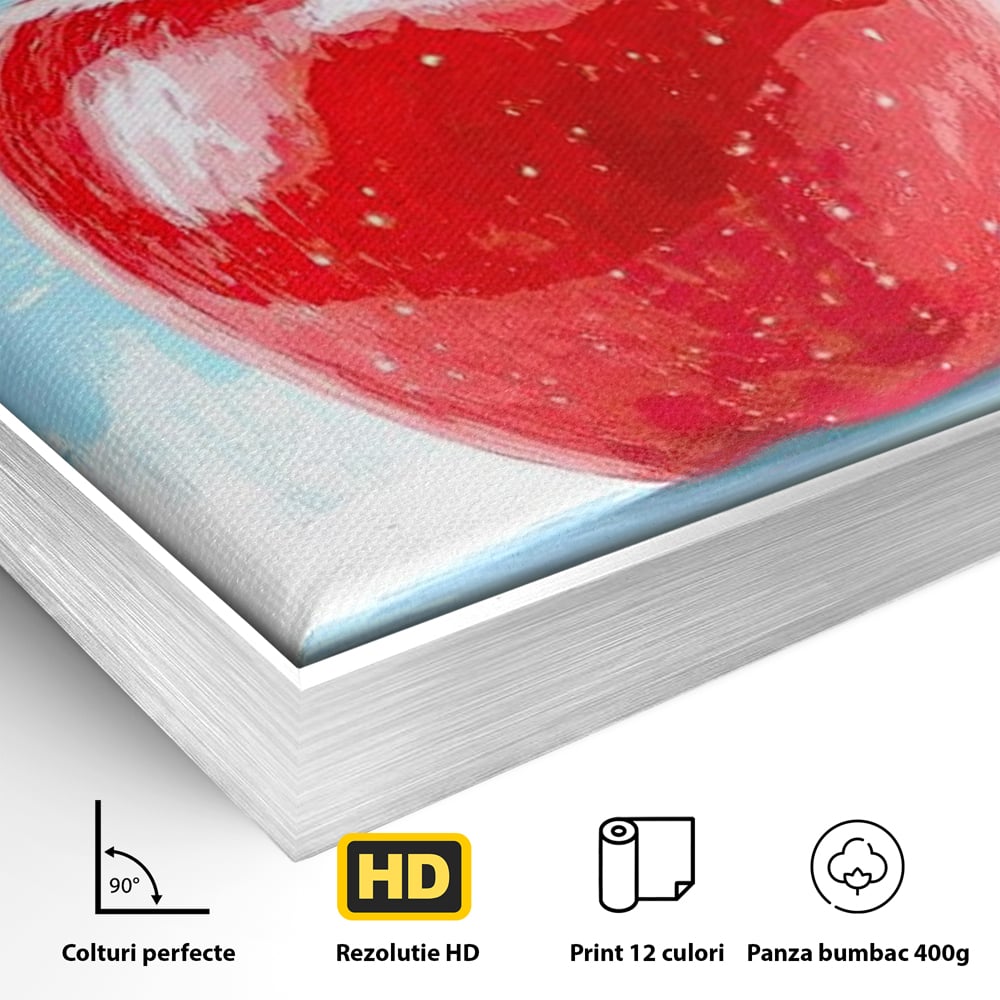 Detaliu al suprafetei: pictura digitala cu un mar rosu, in rama de aluminiu argintiu