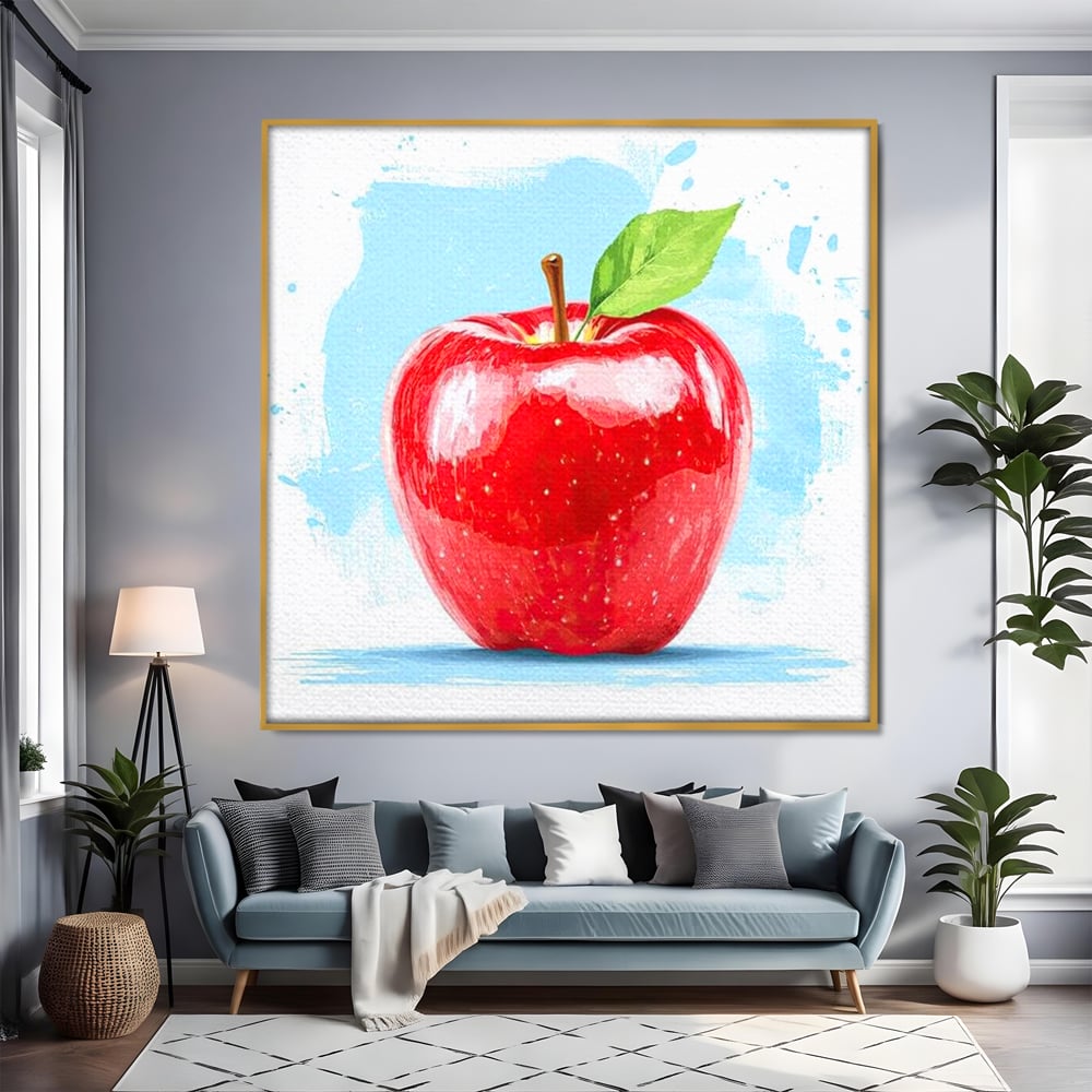 Tablou canvas cu pictura digitala cu un mar rosu, in rama de aluminiu auriu, pe perete intr-un living