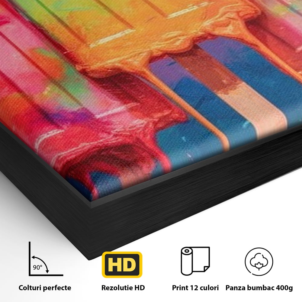 Detaliu al suprafetei: pictura digitala cu trei inghetate pe bat colorate, in rama de aluminiu negru