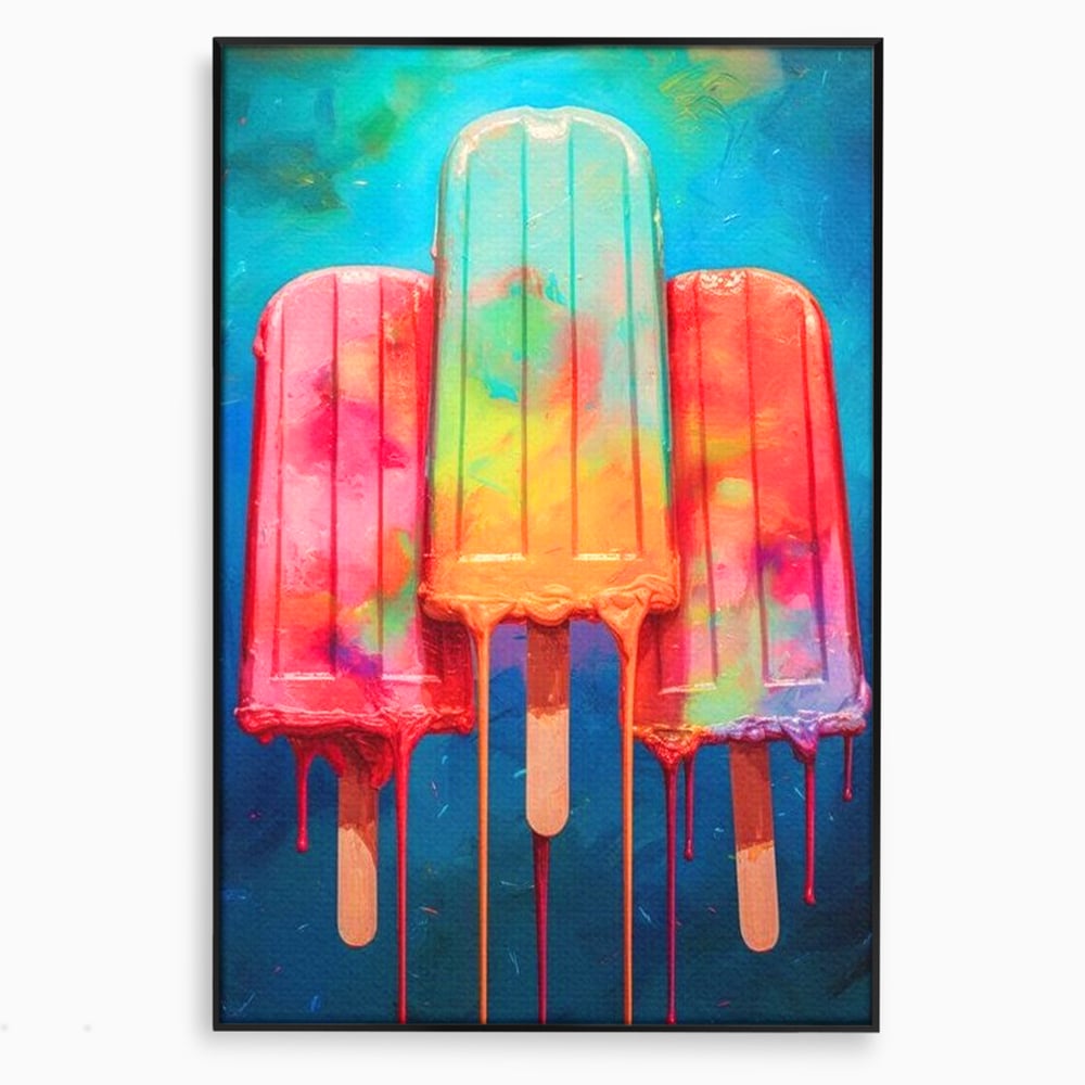 Tablou canvas cu pictura digitala cu trei inghetate pe bat colorate, in rama de aluminiu negru