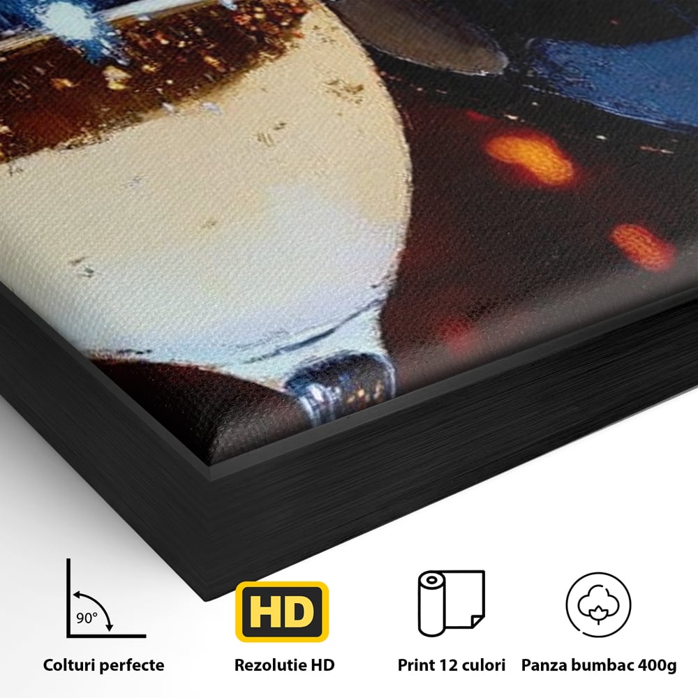 Detaliu al suprafetei: tablou canvas cu doua pahare de vin, in rama de aluminiu negru