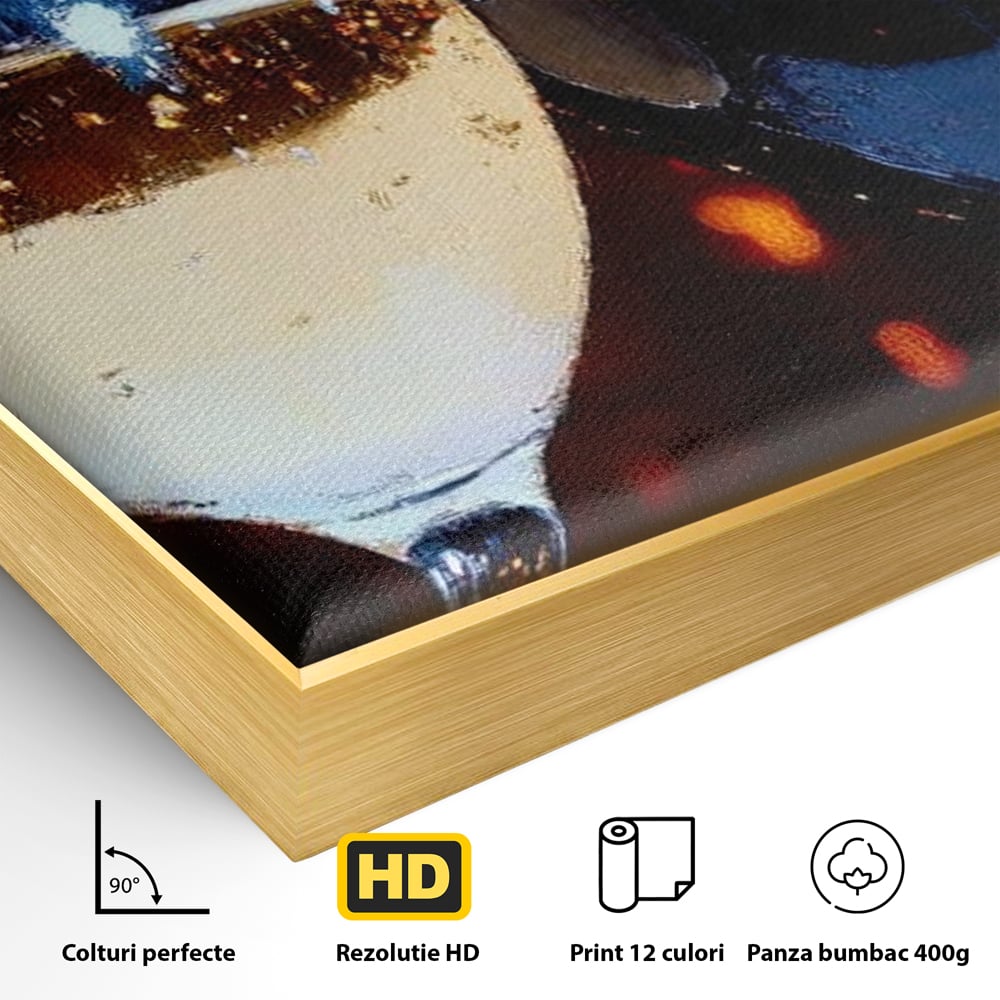 Detaliu al suprafetei: tablou canvas cu doua pahare de vin, in rama de aluminiu auriu