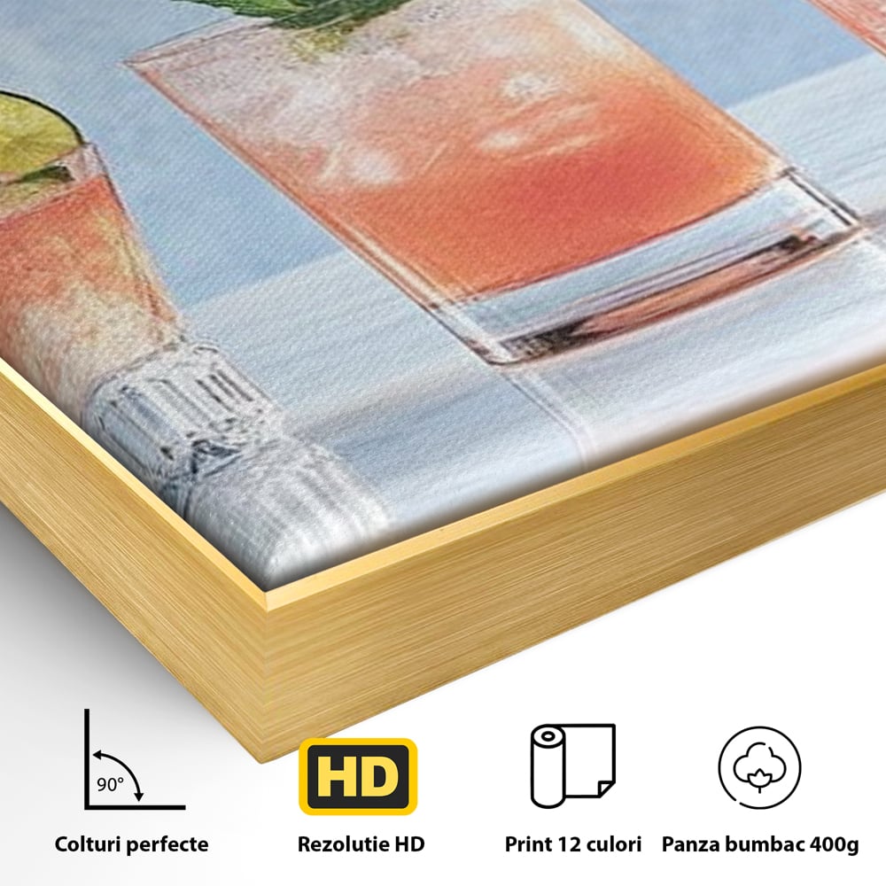 Detaliu al suprafetei: tablou canvas cu cinci pahare de cocktail, in rama de aluminiu auriu