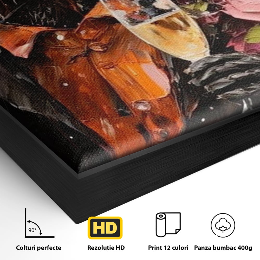 Detaliu al suprafetei: tablou canvas cu raton elegant tinand pahar de sampanie, in rama de aluminiu negru