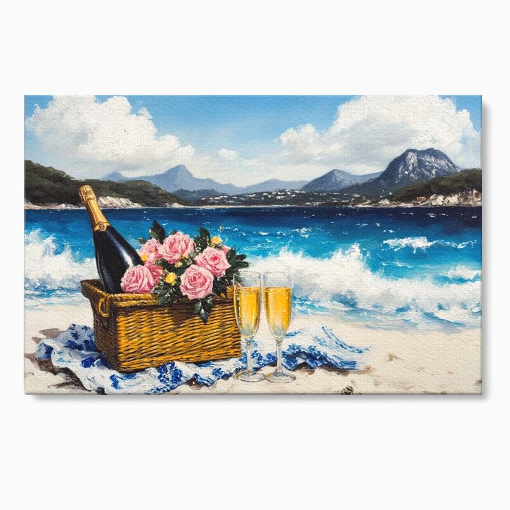 Tablou canvas cu pictura cu picnic pe plaja cu sampanie, fara rama, pe sasiu de lemn