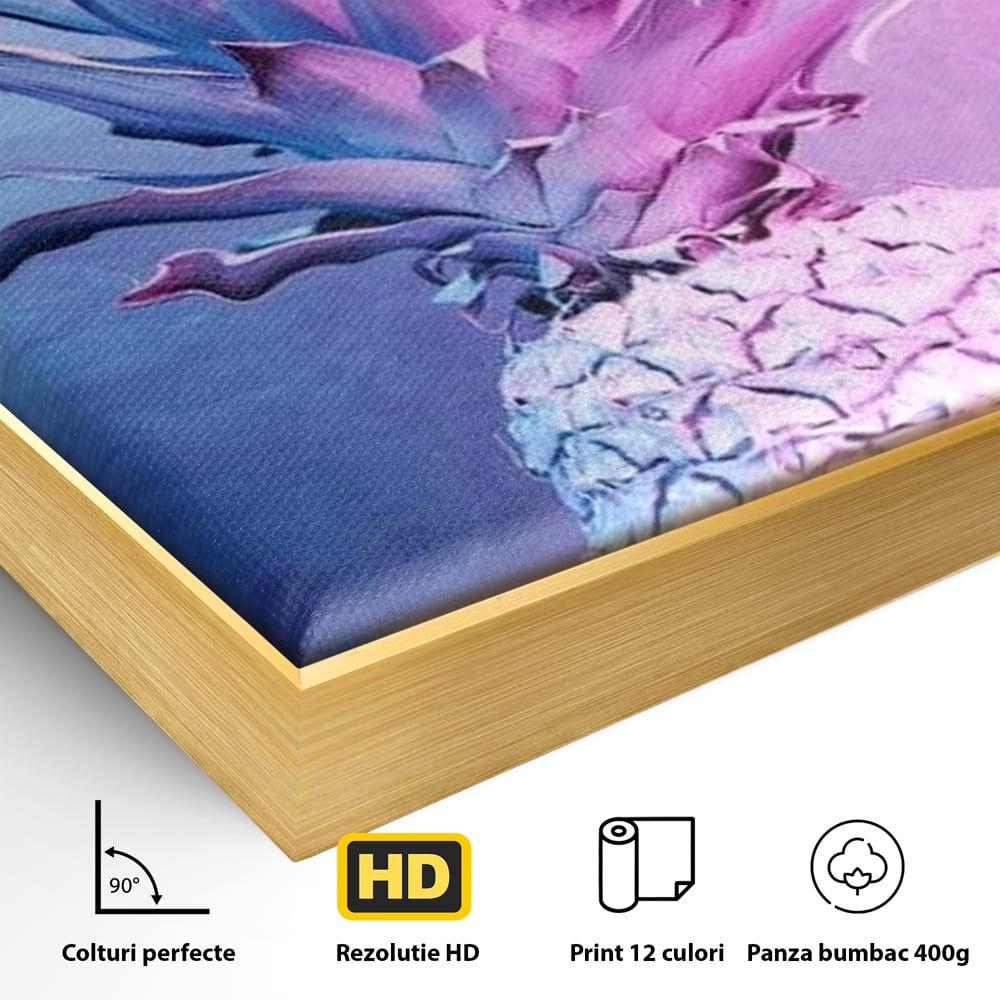 Detaliu al suprafetei: tablou canvas cu ananas neon, in rama de aluminiu auriu