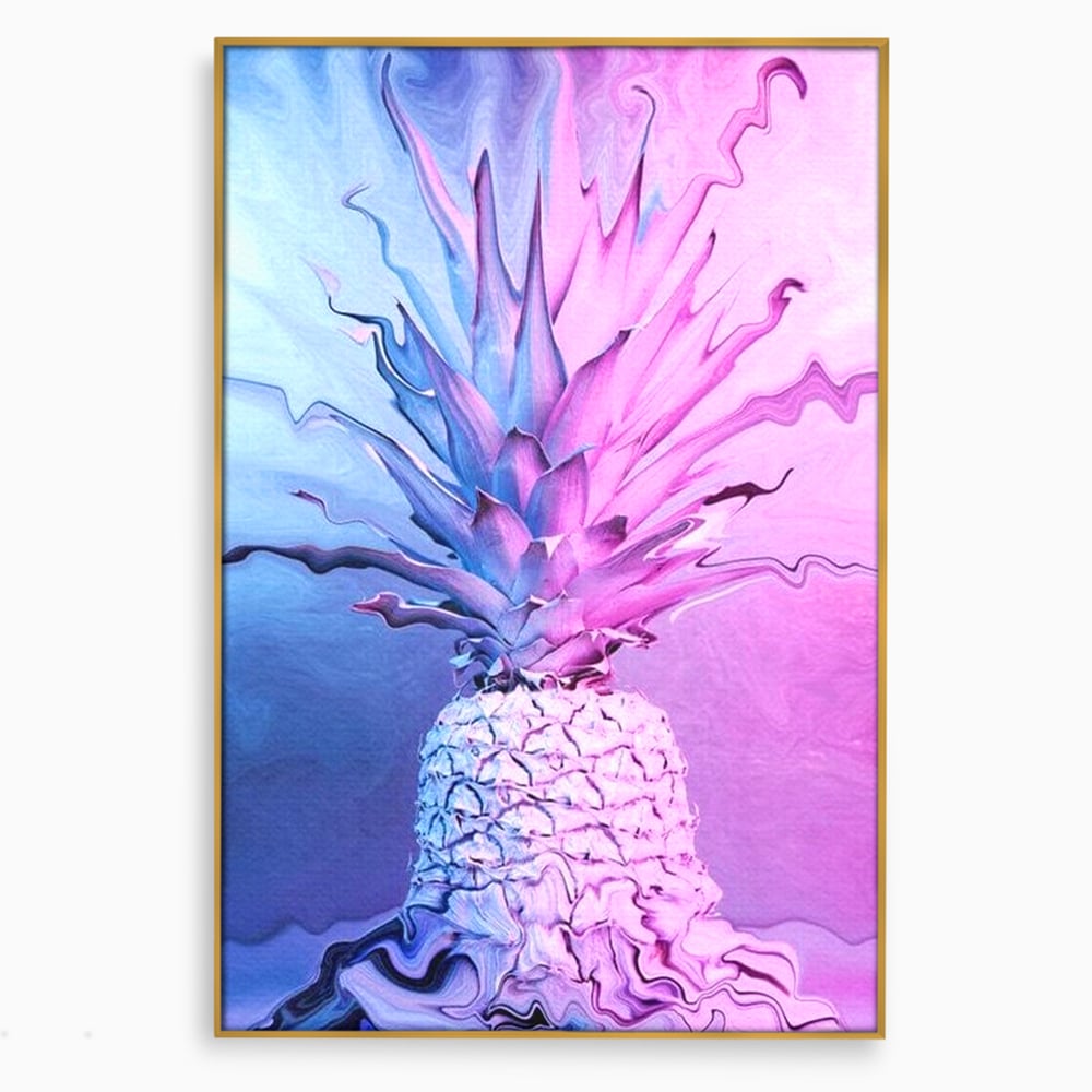 Tablou canvas cu tablou canvas cu ananas neon, in rama de aluminiu auriu