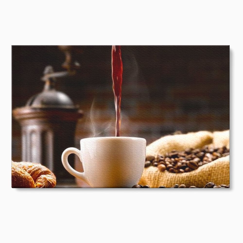 Tablou canvas cu tablou canvas cu ceasca de cafea si boabe, fara rama, pe sasiu de lemn
