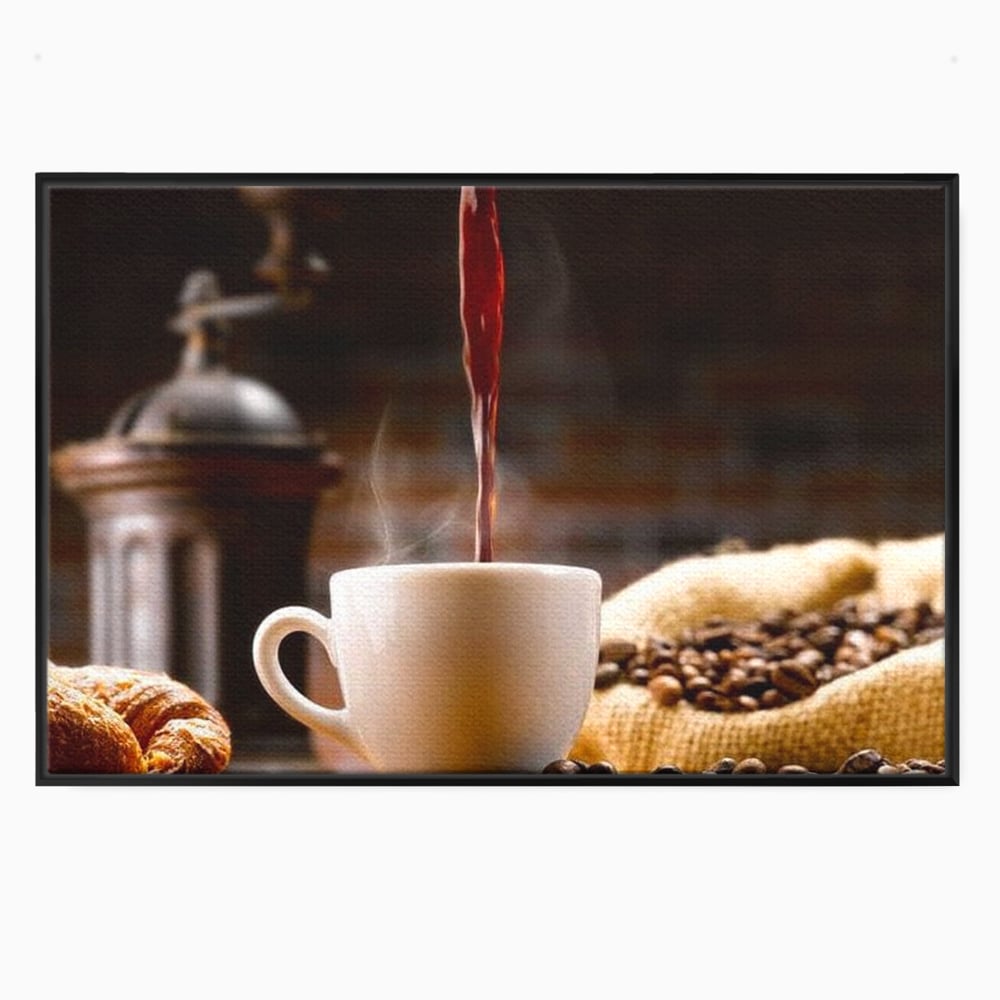 Tablou canvas cu tablou canvas cu ceasca de cafea si boabe, in rama de aluminiu negru
