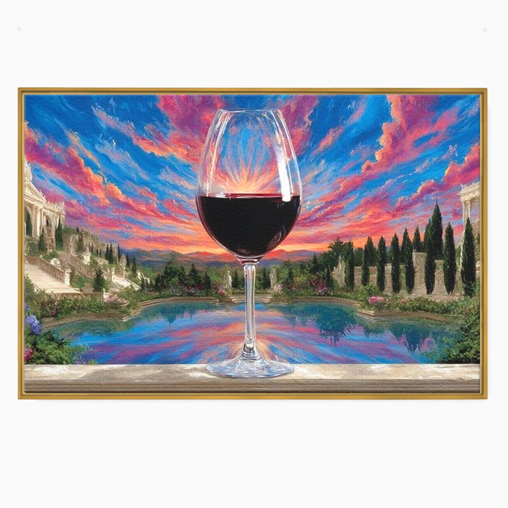 Tablou canvas cu tablou canvas cu pahar de vin si apus, in rama de aluminiu auriu