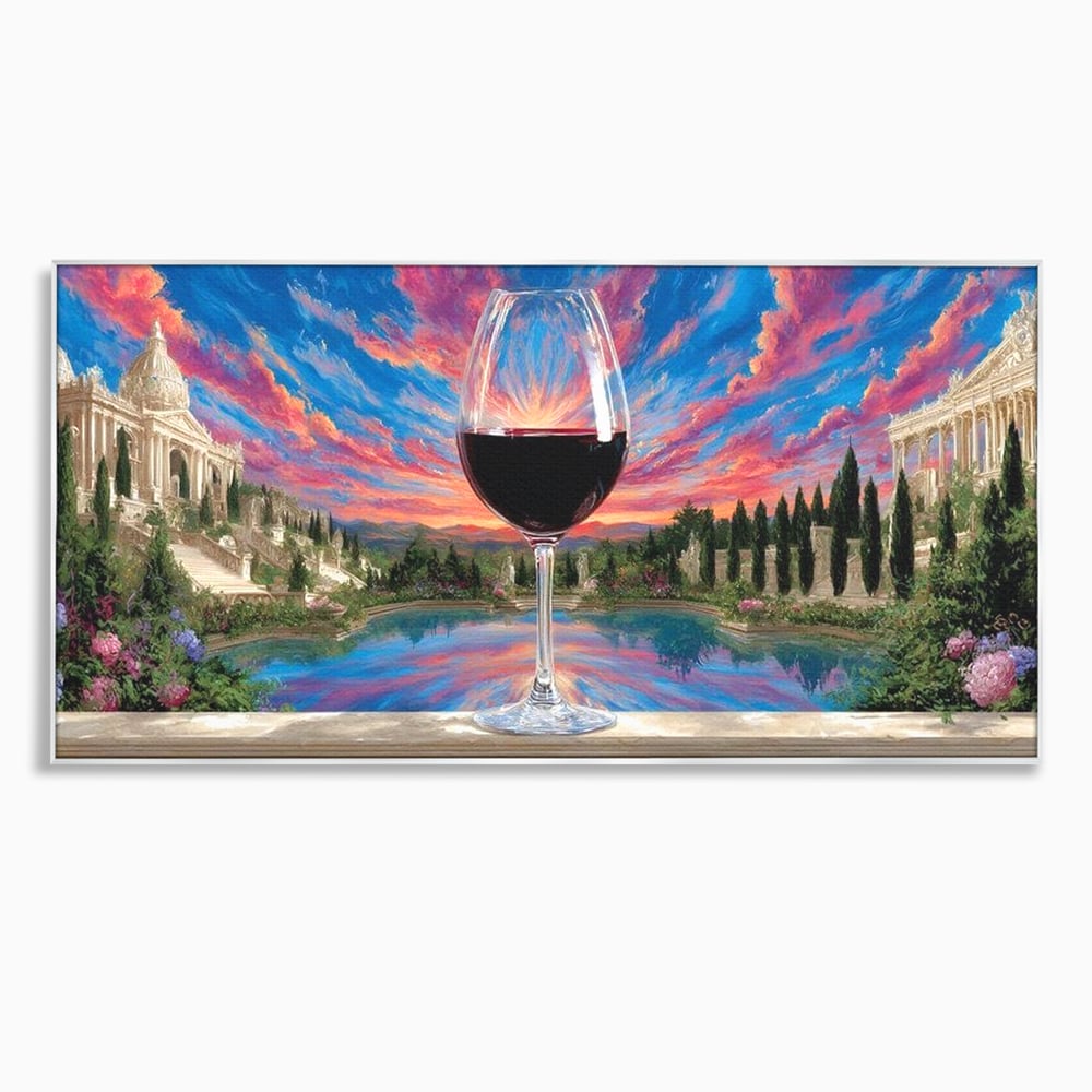 Tablou canvas cu tablou canvas cu pahar de vin si apus, in rama de aluminiu argintiu