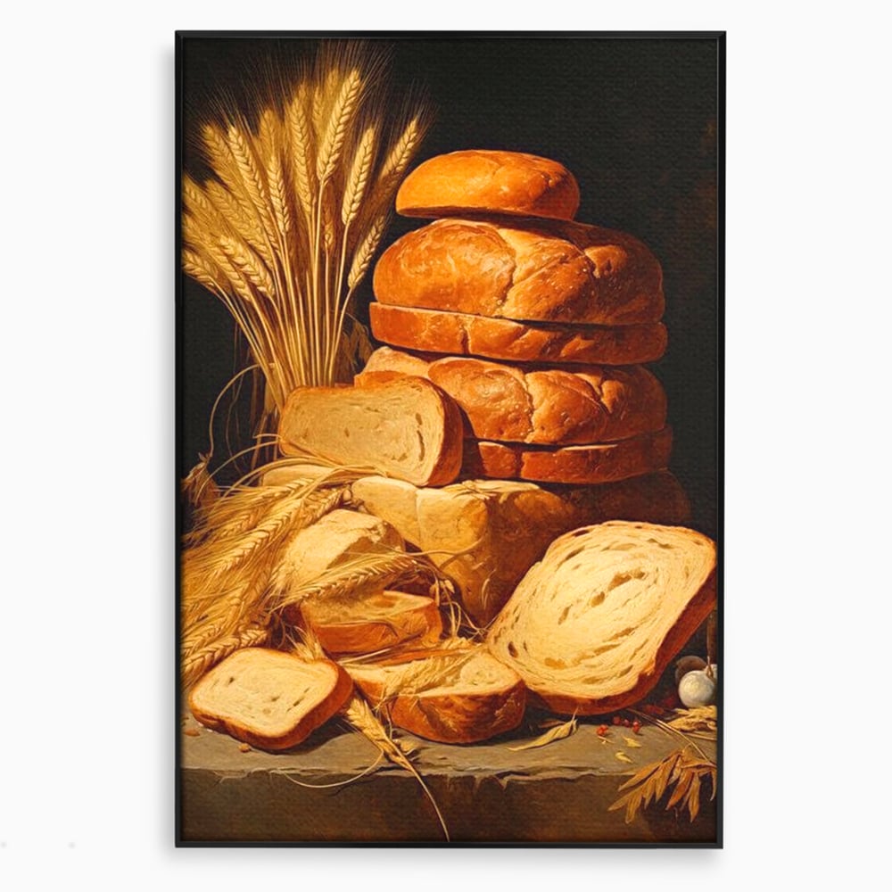 Tablou canvas cu natura moarta cu paine si grau, in rama de aluminiu negru
