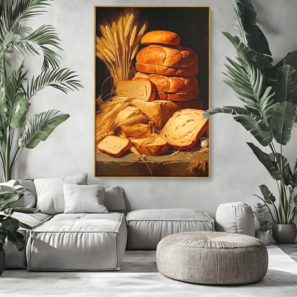 Tablou canvas cu natura moarta cu paine si grau, in rama de aluminiu auriu, pe perete intr-un living