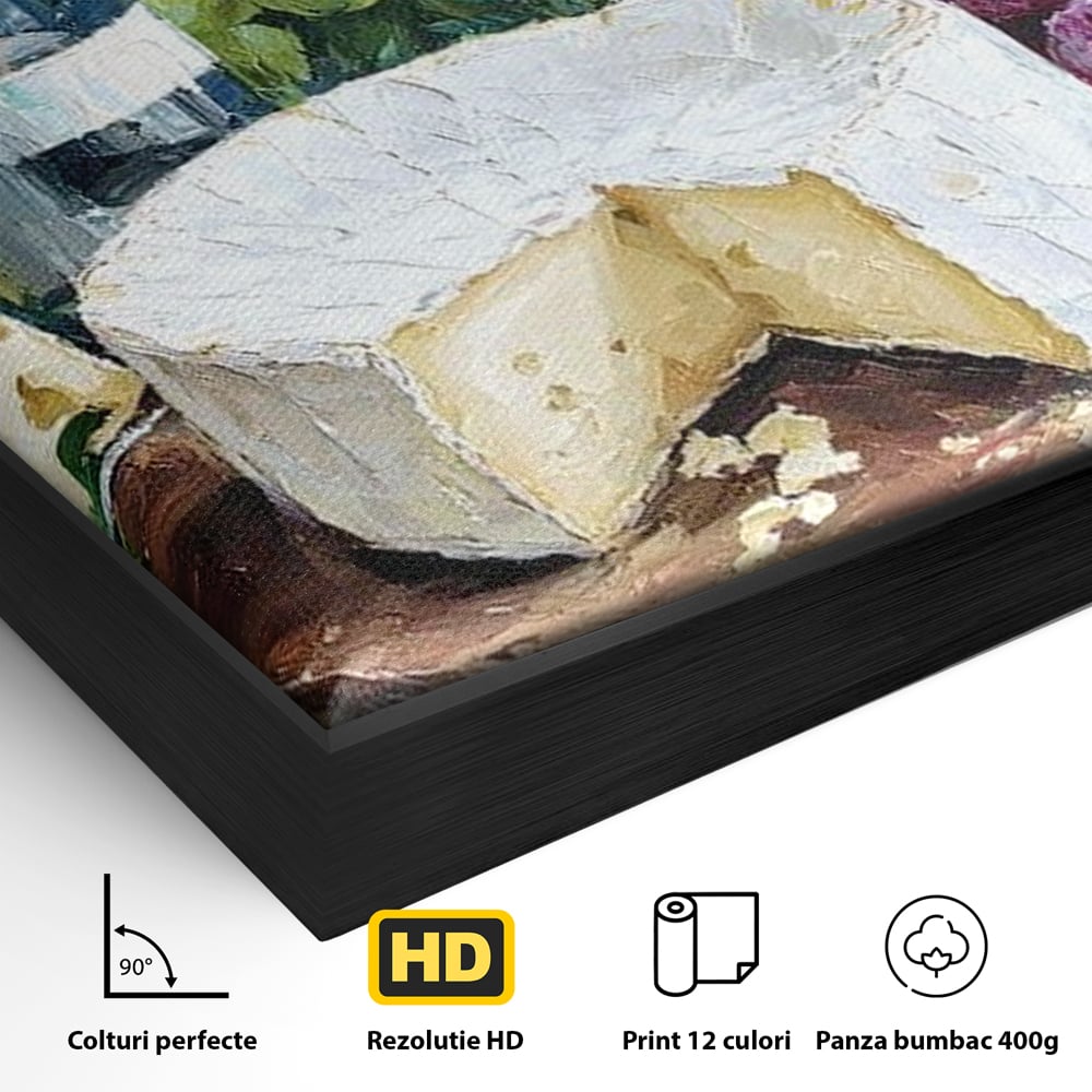 Detaliu al suprafetei: pictura cu sticla de vin si branza, in rama de aluminiu negru