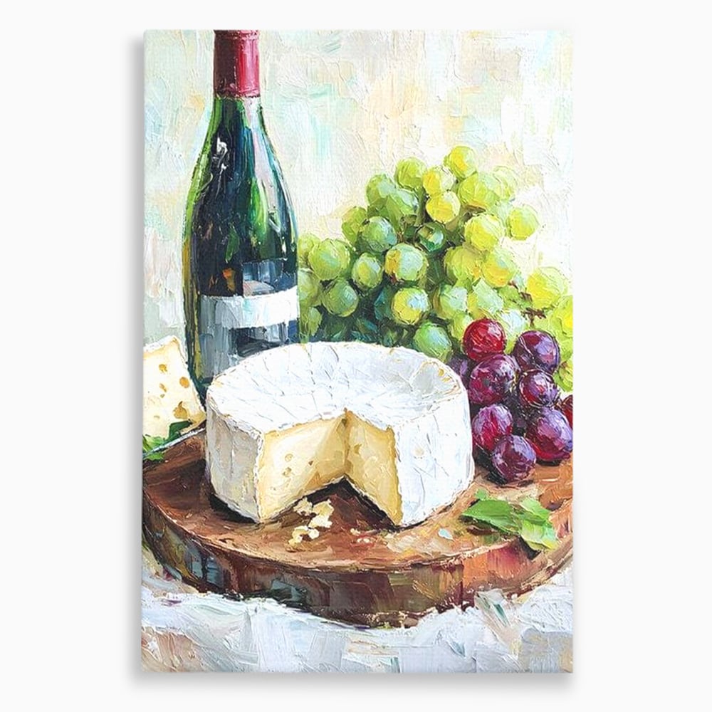 Tablou canvas cu pictura cu sticla de vin si branza, fara rama, pe sasiu de lemn
