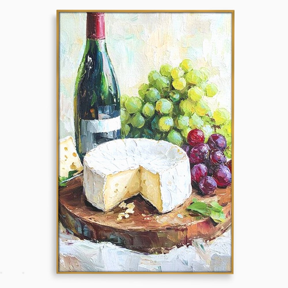 Tablou canvas cu pictura cu sticla de vin si branza, in rama de aluminiu auriu