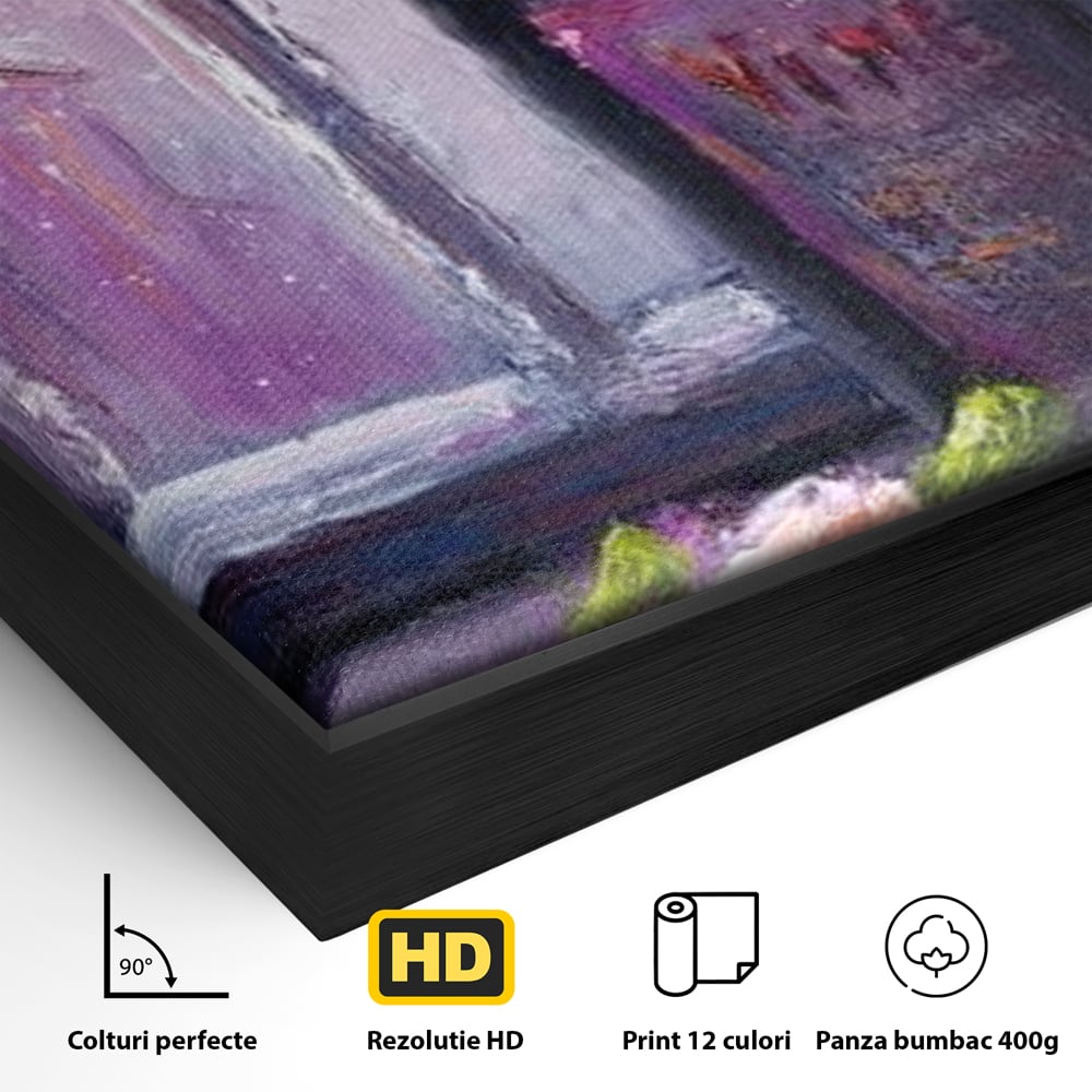 Detaliu al suprafetei: tablou canvas cu sticla de vin si trandafir, in rama de aluminiu negru