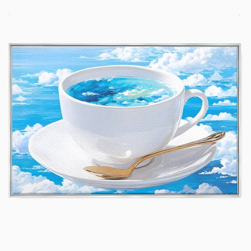 Tablou canvas cu tablou canvas cu ceasca de cafea si cer senin, in rama de aluminiu argintiu