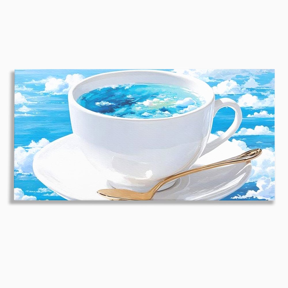 Tablou canvas cu tablou canvas cu ceasca de cafea si cer senin, fara rama, pe sasiu de lemn