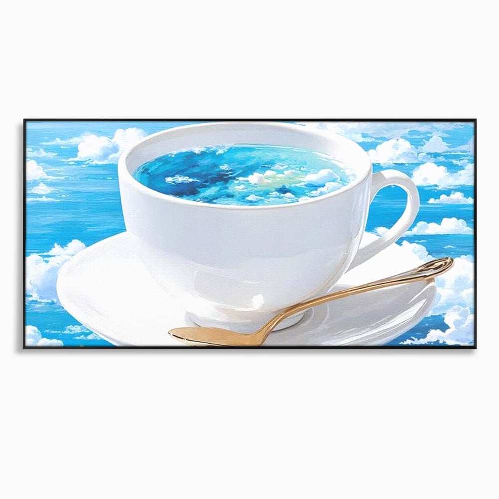 Tablou canvas cu tablou canvas cu ceasca de cafea si cer senin, in rama de aluminiu negru