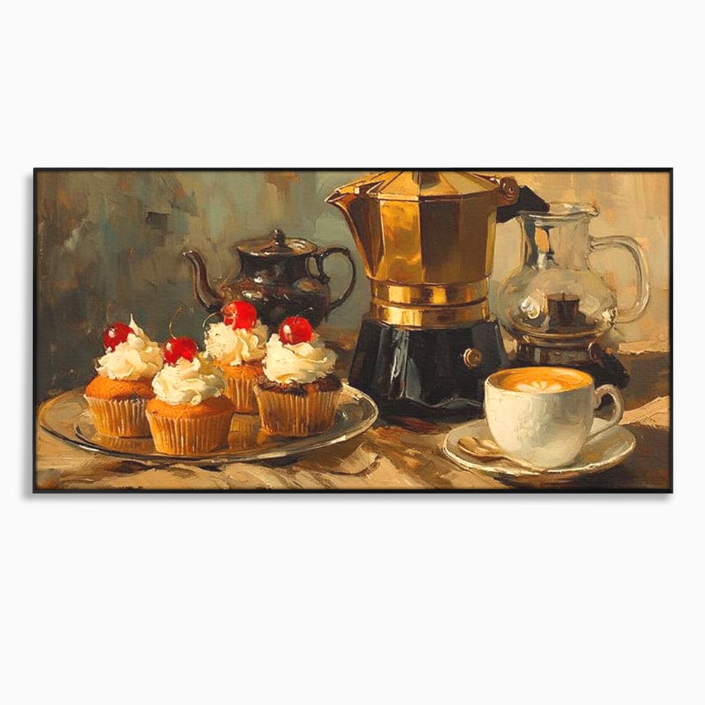 Tablou canvas cu pictura statica cu briose si cafea, in rama de aluminiu negru