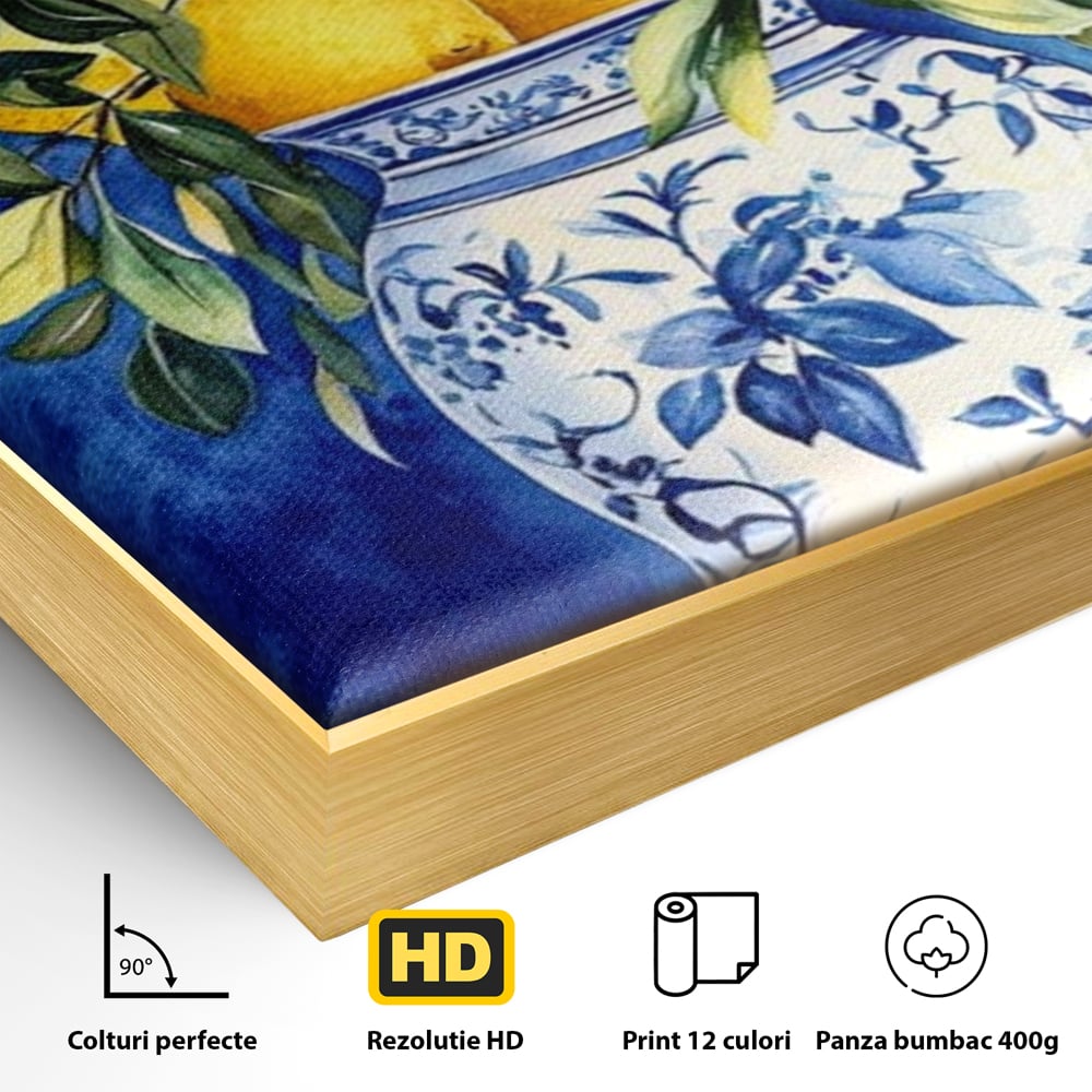 Detaliu al suprafetei: tablou canvas cu lamai si vaza, in rama de aluminiu auriu