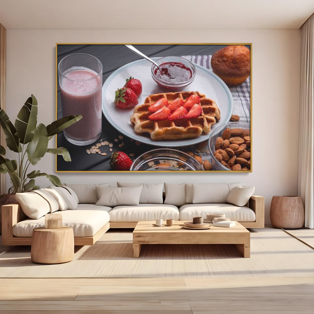 Tablou canvas cu tablou canvas cu mic dejun bogat, in rama de aluminiu auriu, pe perete intr-un living