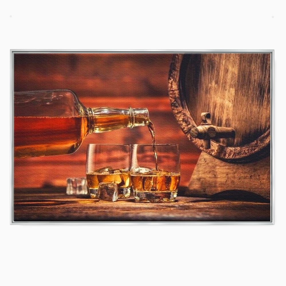 Tablou canvas cu tablou canvas cu whisky si butoi lemn, in rama de aluminiu argintiu