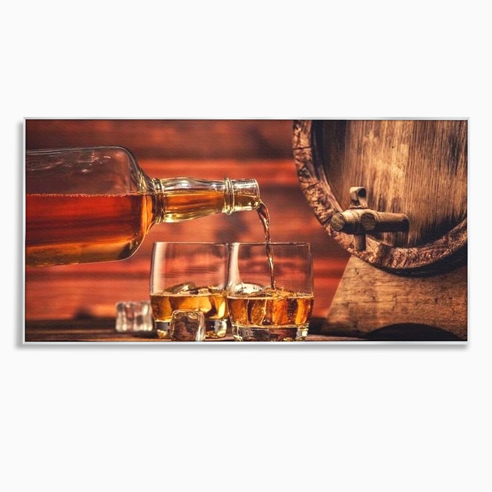 Tablou canvas cu tablou canvas cu whisky si butoi lemn, in rama de aluminiu argintiu