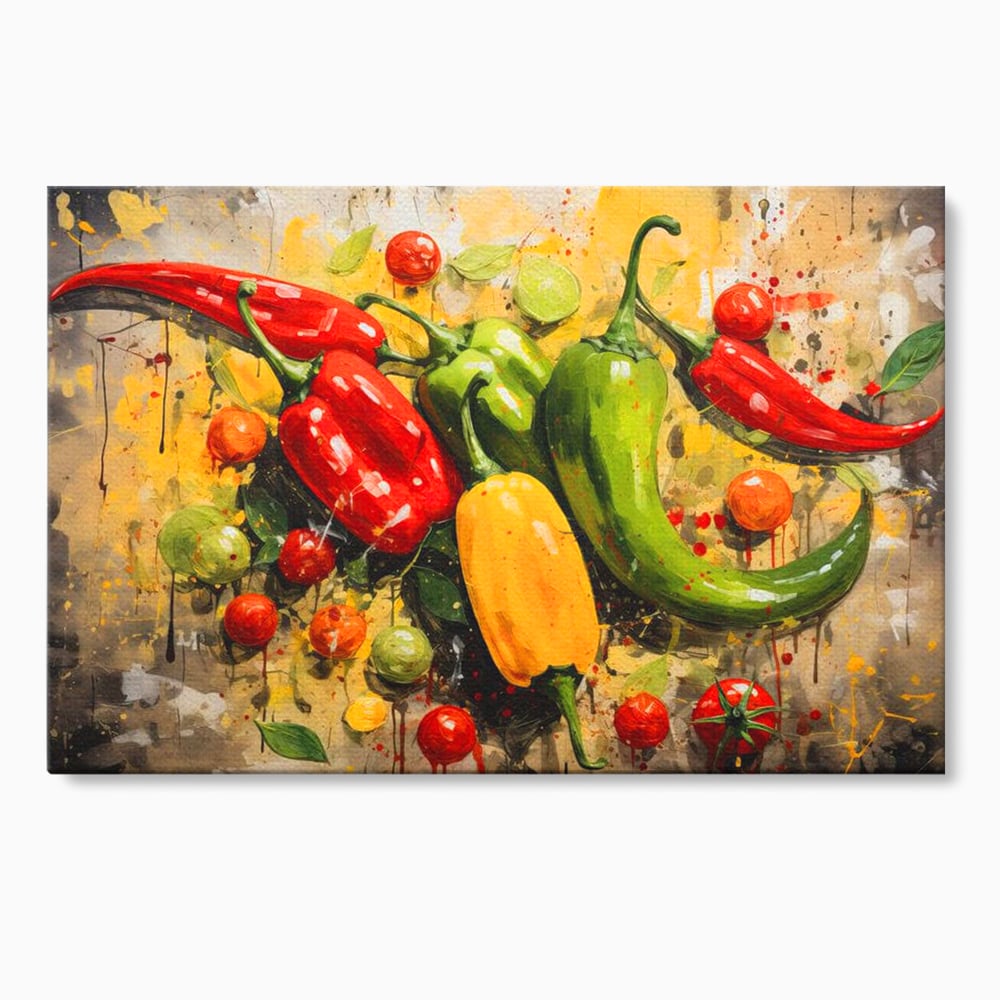 Tablou canvas cu pictura orizontala cu ardei iuti si legume, fara rama, pe sasiu de lemn