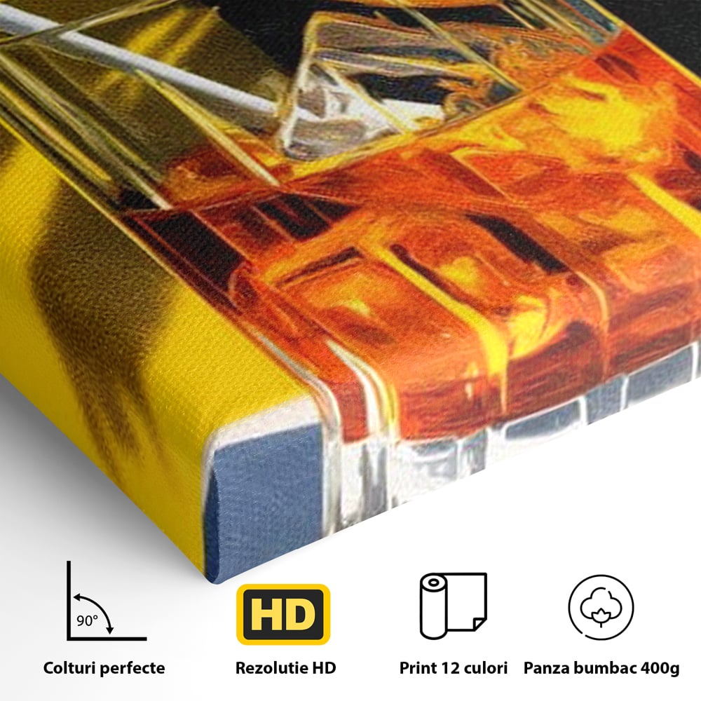 Detaliu al suprafetei: ilustratie cu pahar de cocktail si portocala, fara rama, pe sasiu de lemn