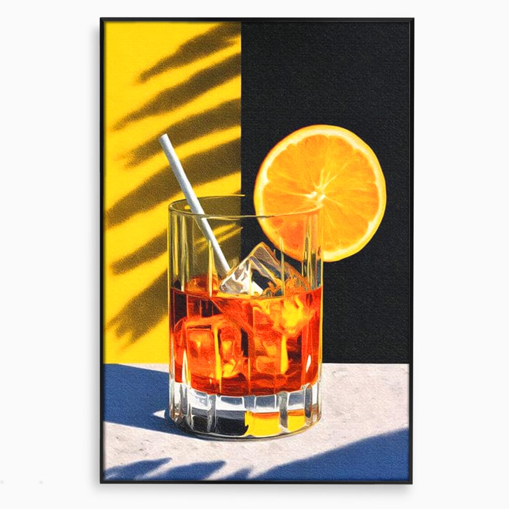 Tablou canvas cu ilustratie cu pahar de cocktail si portocala, in rama de aluminiu negru