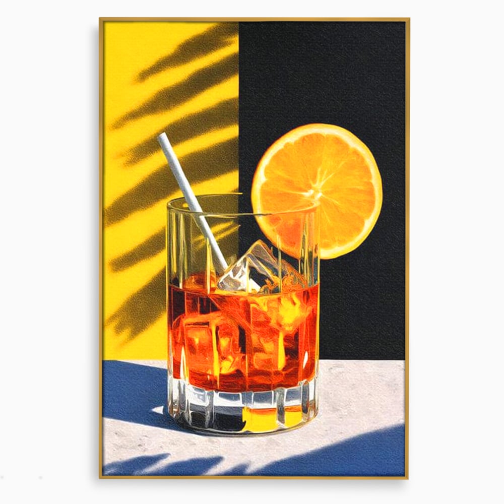 Tablou canvas cu ilustratie cu pahar de cocktail si portocala, in rama de aluminiu auriu