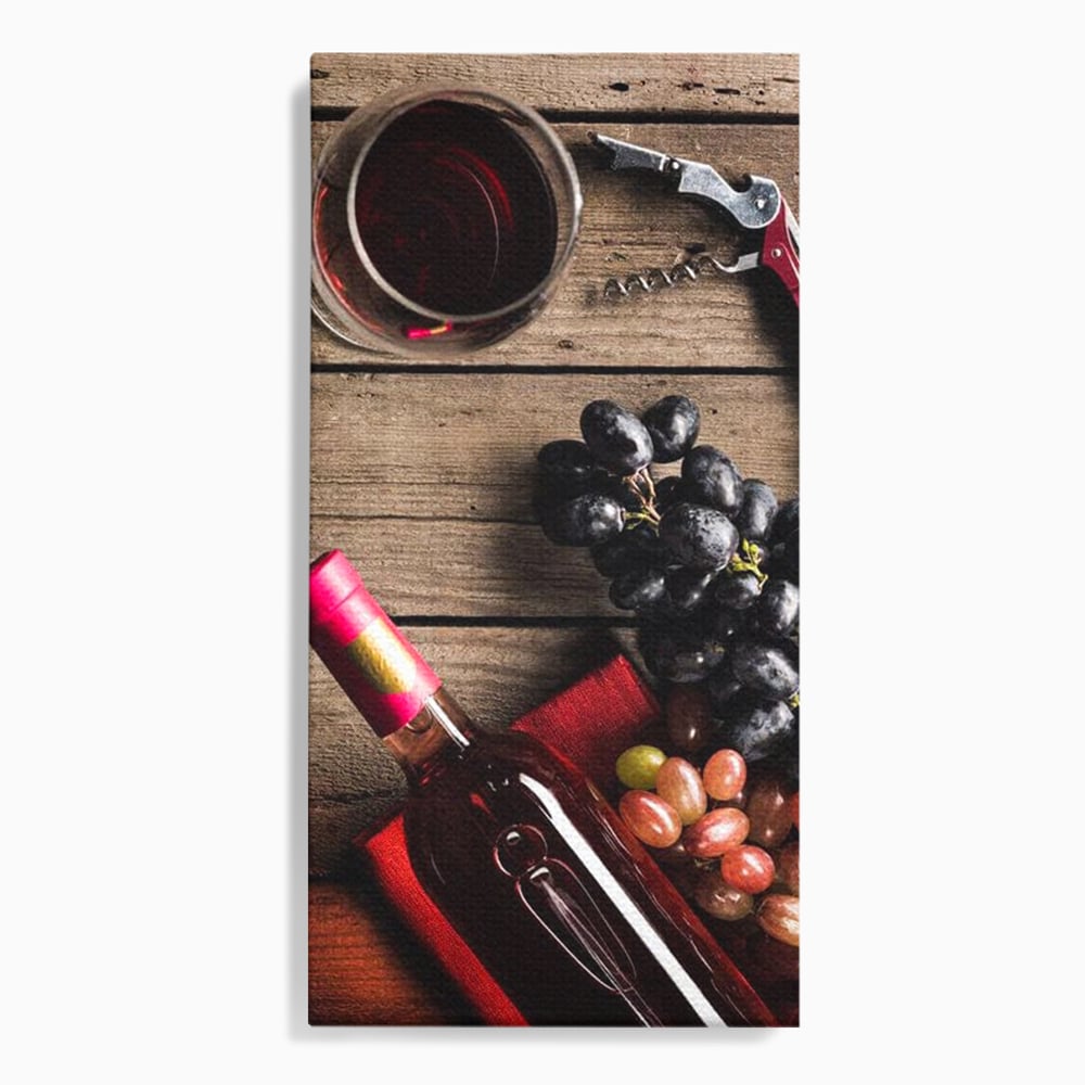 Tablou canvas cu natura statica cu sticla de vin si struguri, fara rama, pe sasiu de lemn