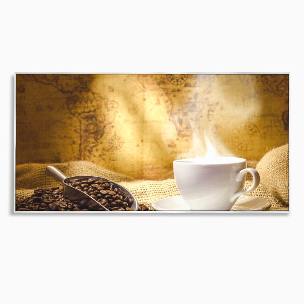Tablou canvas cu ceasca de cafea cu boabe pe sac de iuta, in rama de aluminiu argintiu