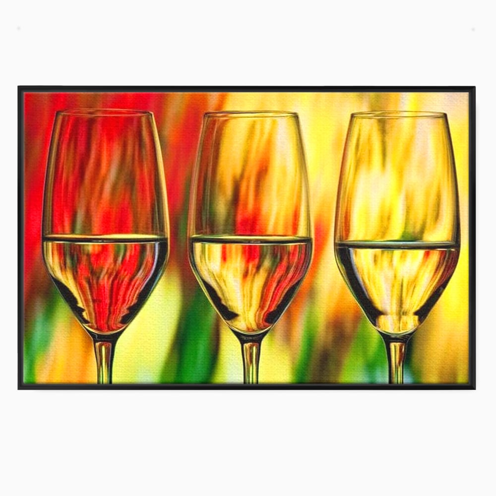 Tablou canvas cu pictura abstracta cu trei pahare de vin, in rama de aluminiu negru