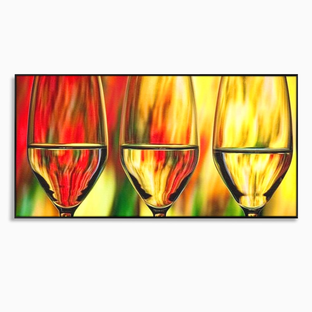 Tablou canvas cu pictura abstracta cu trei pahare de vin, in rama de aluminiu negru