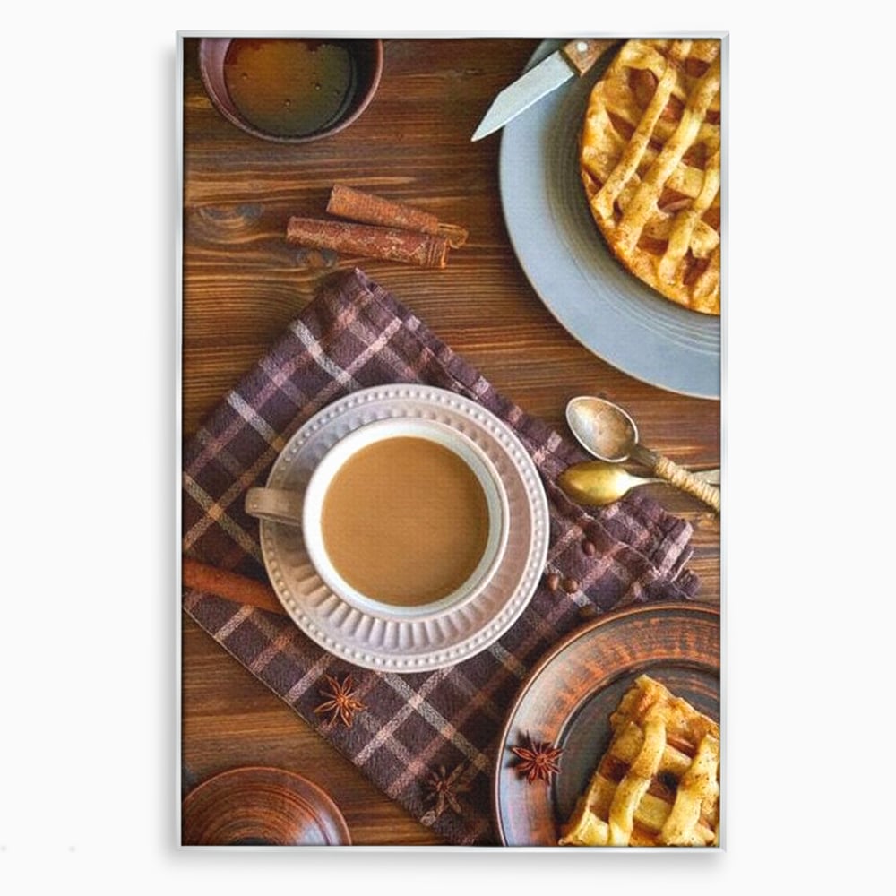 Tablou canvas cu natura moarta cu cafea si placinta, in rama de aluminiu argintiu