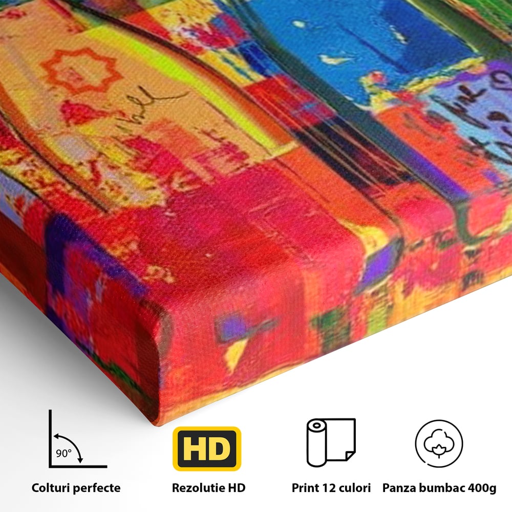 Detaliu al suprafetei: tablou canvas cu sticle colorate de vin, fara rama, pe sasiu de lemn