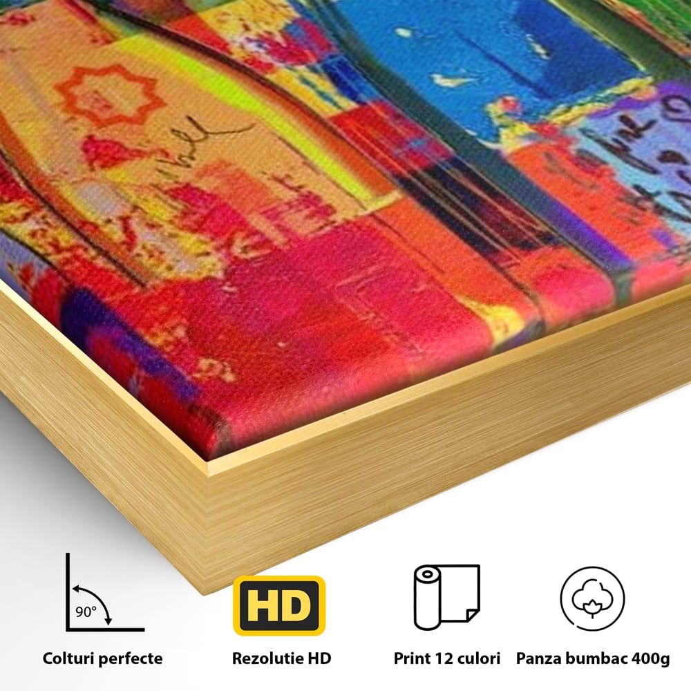 Detaliu al suprafetei: tablou canvas cu sticle colorate de vin, in rama de aluminiu auriu
