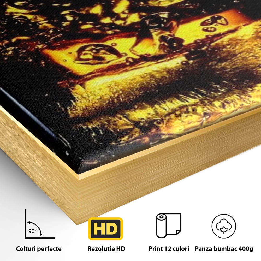 Detaliu al suprafetei: tablou canvas cu pahar de whisky si gheata, in rama de aluminiu auriu