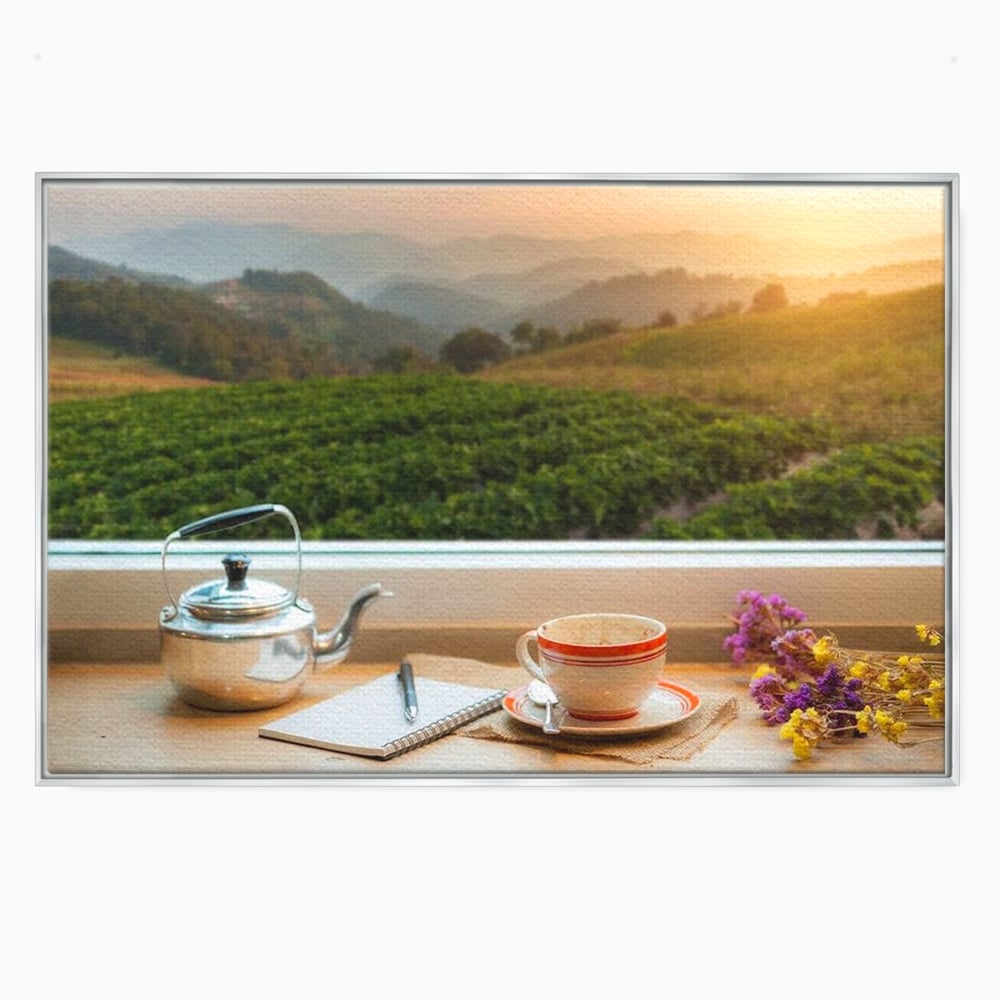 Tablou canvas cu tablou canvas cu peisaj matinal si ceainic pe pervaz, in rama de aluminiu argintiu