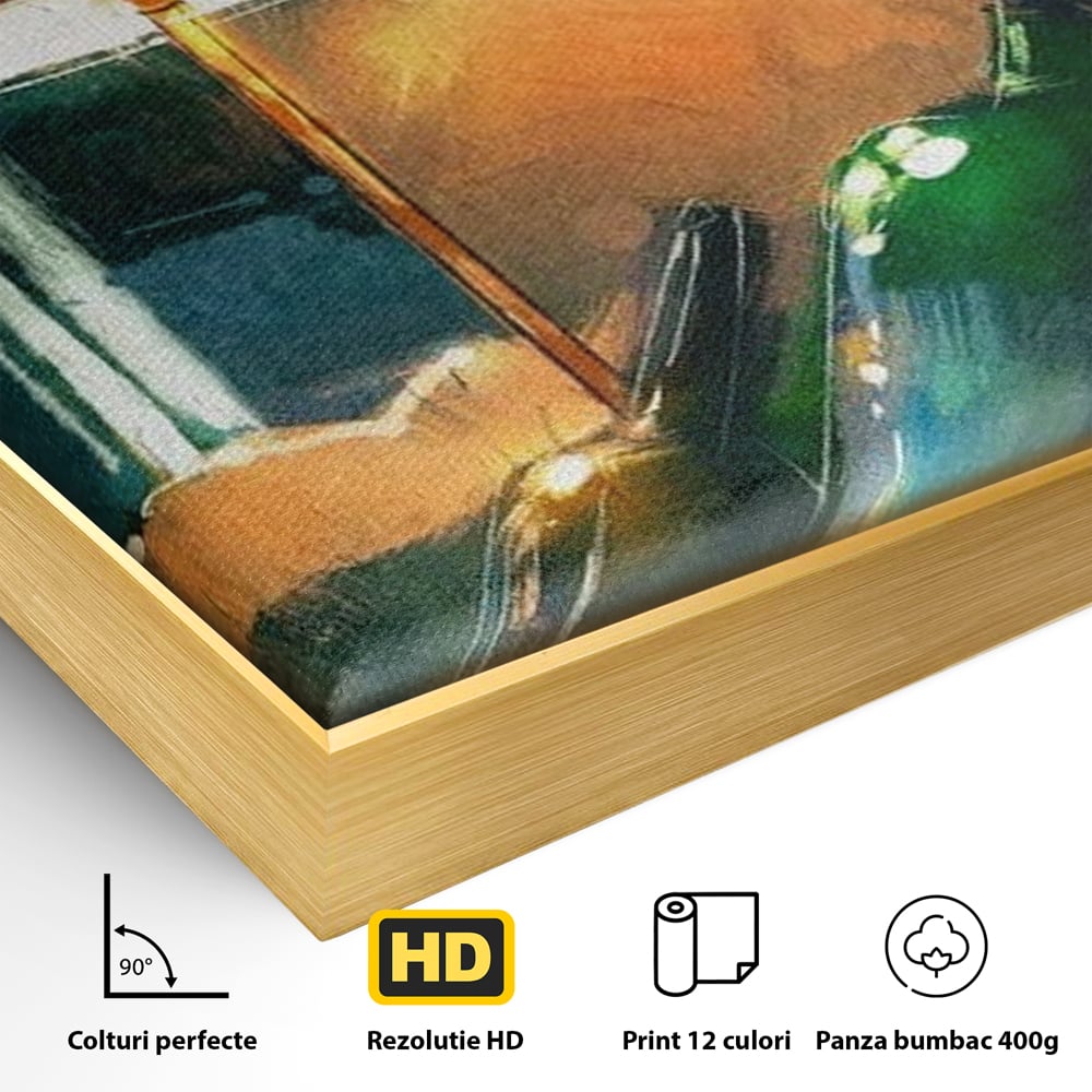 Detaliu al suprafetei: tablou canvas cu lampa si sticle de vin, in rama de aluminiu auriu